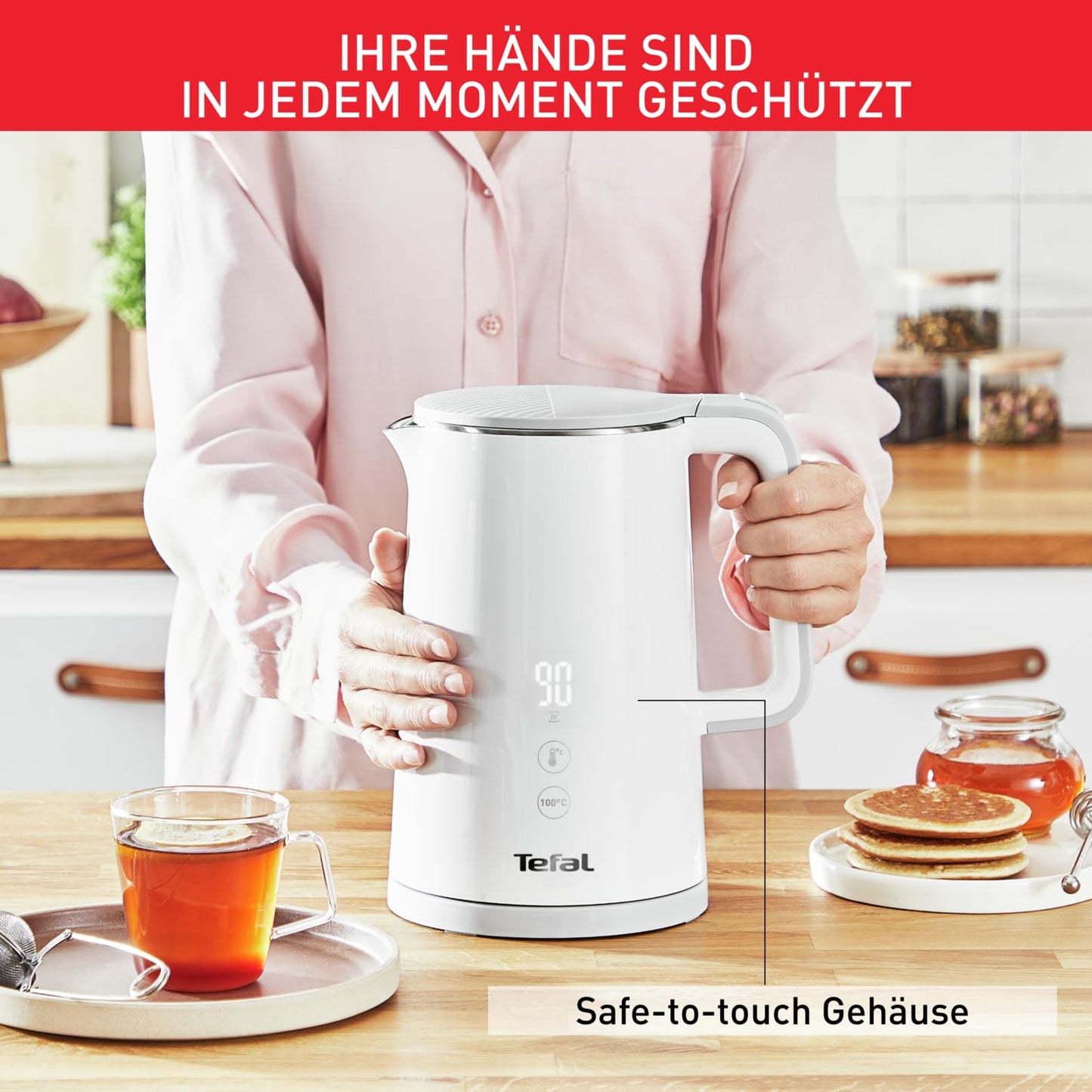 Tefal KO6931 Sense kettle, 1.5 L capacity, digital display, 5 temperature levels, 360° base, water level indicator, removable limescale filter, 30 minute warming function, 1800W, white