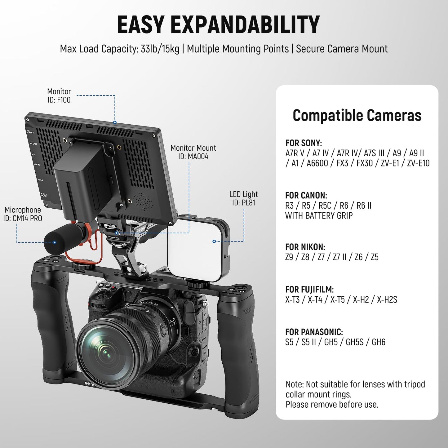 NEEWER Universal Cage Camera Cage and Top Handle with 3/8" ARRI Positioning Pin Set, Video Rig Stabilizer with Arca Base, Two Handles, Compatible with SmallRig Accessories, CA016T