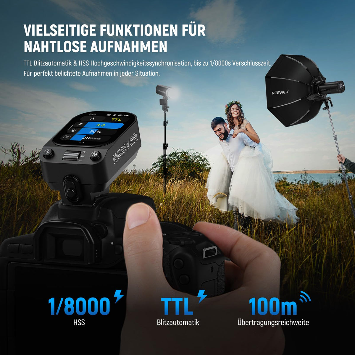 NEEWER QZ-C 2.4G TTL Wireless Flash Trigger compatible with Canon cameras Godox IT32 V1 V100 AD200 Pro II, OLED Touchscreen flash transmitter for the hot shoe with 1/8000s HSS, 1000mAh battery/cm switch.