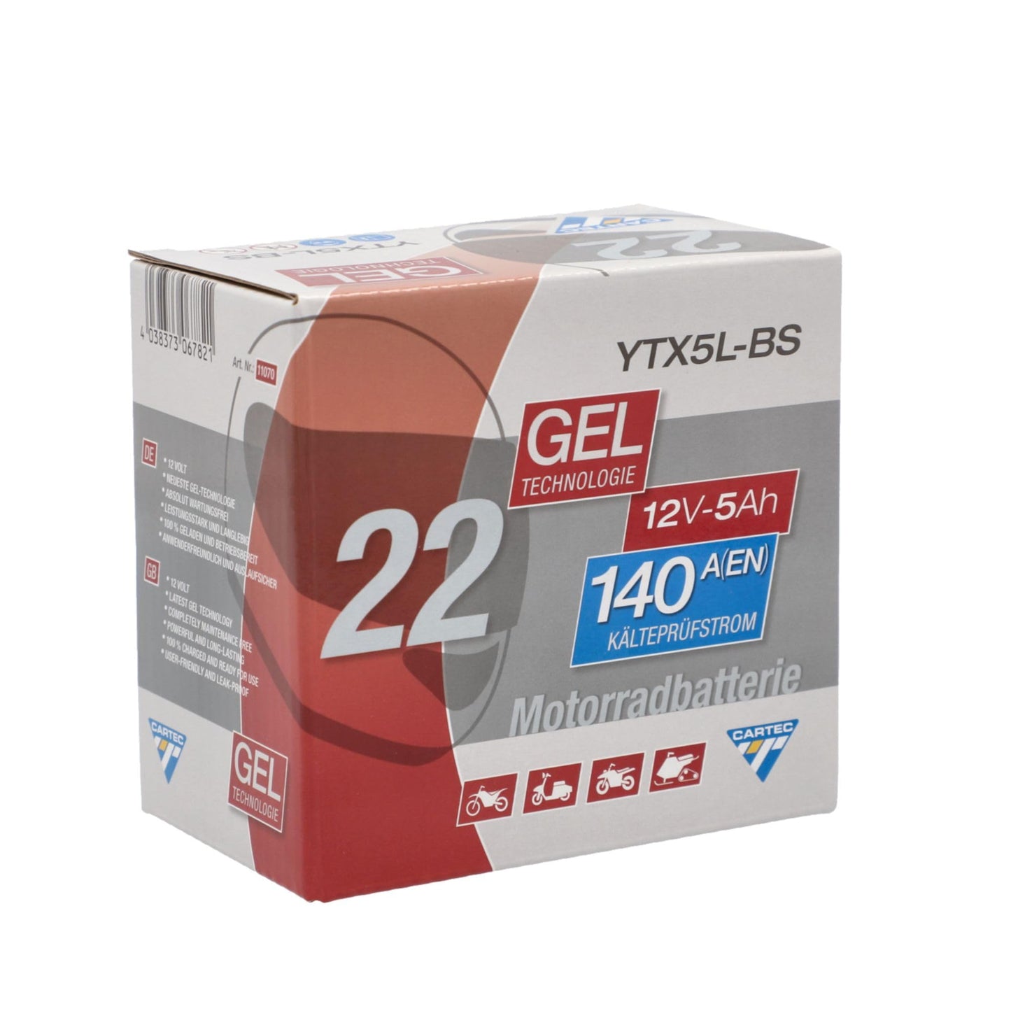 CARTEC motorcycle battery YTX5L-BS, 5Ah, 140A, gel technology motorcycle starter battery, original equipment manufacturer quality, cycle-proof, storable, maintenance-free, black - 11070