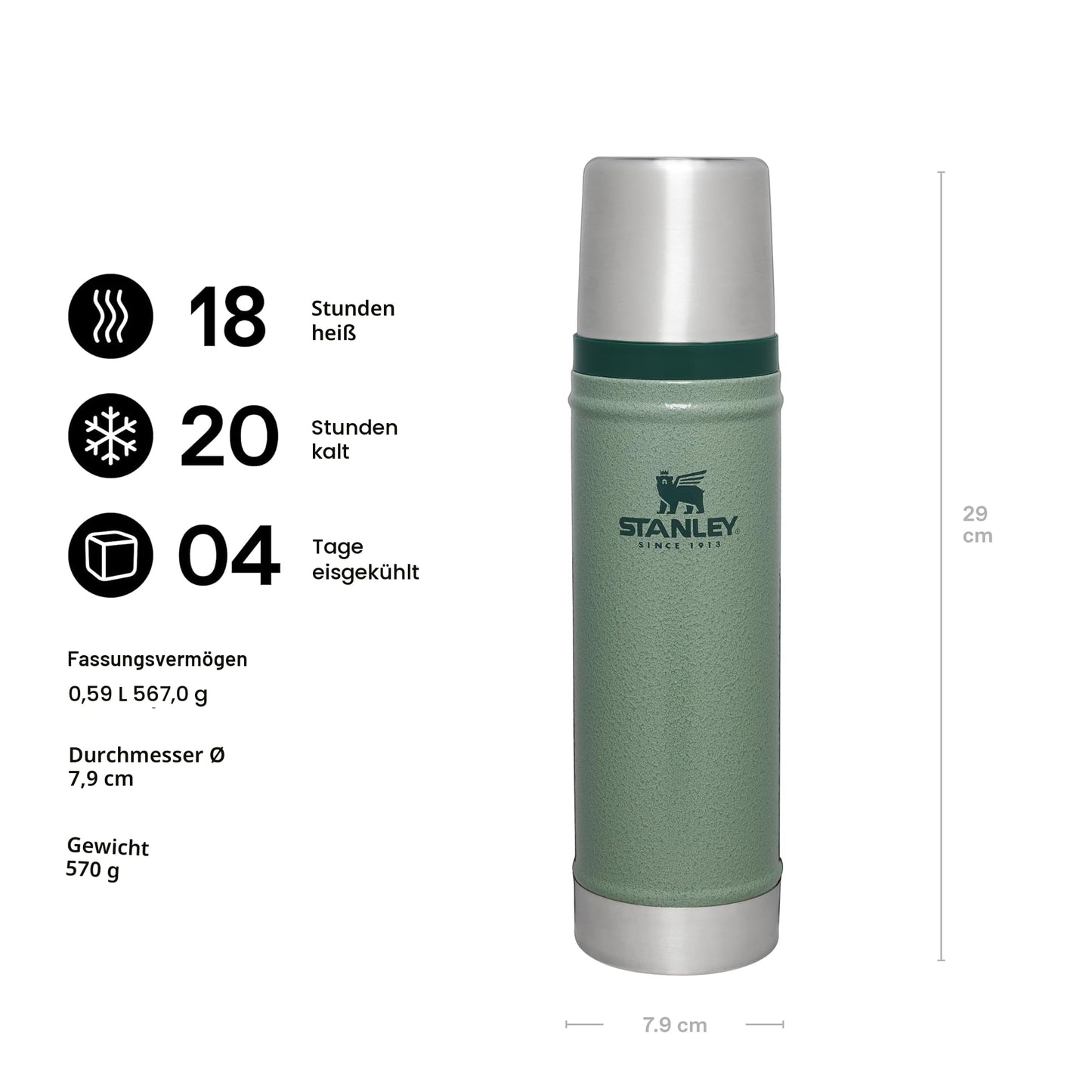 Stanley 1913 Classic Legendary Thermos Bottle 0.59L - Thermos Keeps Hot or Cold for 18 Hours - Stainless Steel Thermos Flask - BPA Free - Dishwasher Safe - Hammertone Green - 100000115641