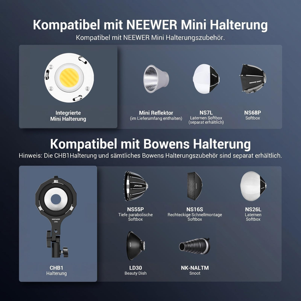 NEEWER 100W ultracompact LED Videolumină cu aplicație și control prin panou, lampă video bi-color COB de dimensiuni reduse cu putere constantă a luminii, 4 curbe de atenuare, 2700K–6500K, CRI 96+, FS100B