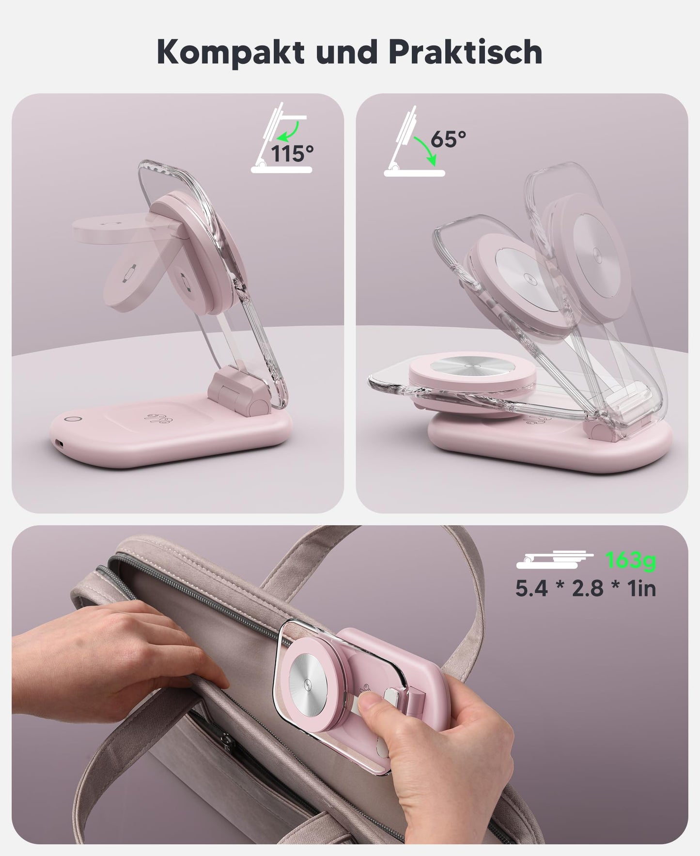 Mag Safe Charger, Charging Station and iPhone, 3 in 1 Mag Safe Charging Station Compatible with iPhone 17e 17 16 15 14 13 12 Pro Max/Air/Plus/Pro, for Apple Watch 10/9, Airpods 3/2/Pro, Foldable, Pink - T618-F