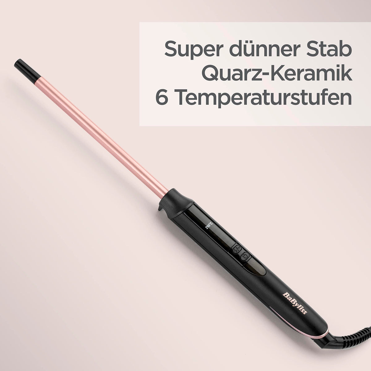 BaByliss 10 mm Lockenstab – Acoperire din quartz-ceramică, 10 niveluri de temperatură, ondulator pentru bucle mici, design compact, roz și negru, C449E