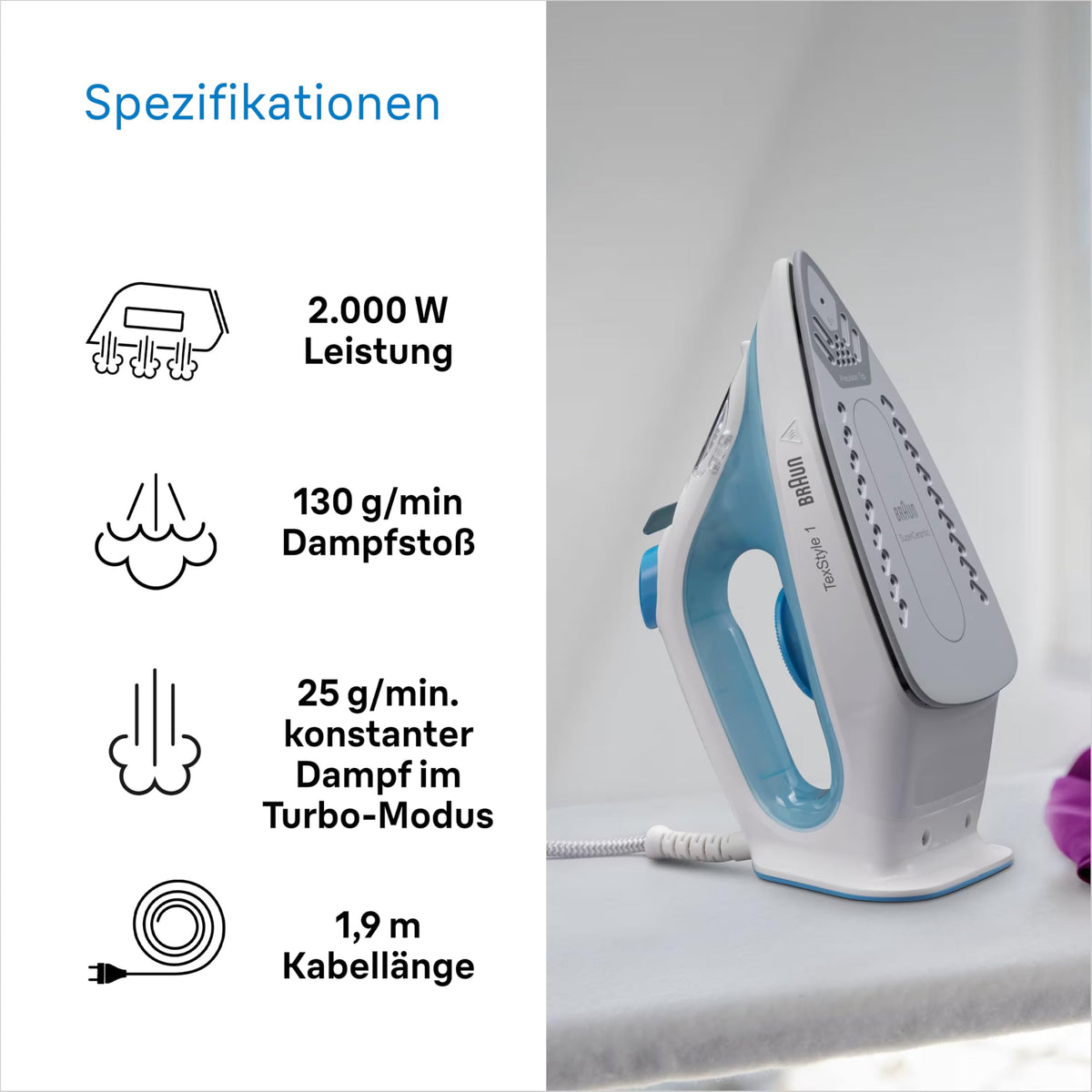 Braun TexStyle 1 Steam Iron SI 1050BL - Iron with SuperCeramic Soleplate, Vertical Steam, 2000 Watts, Blue - SI1050BL