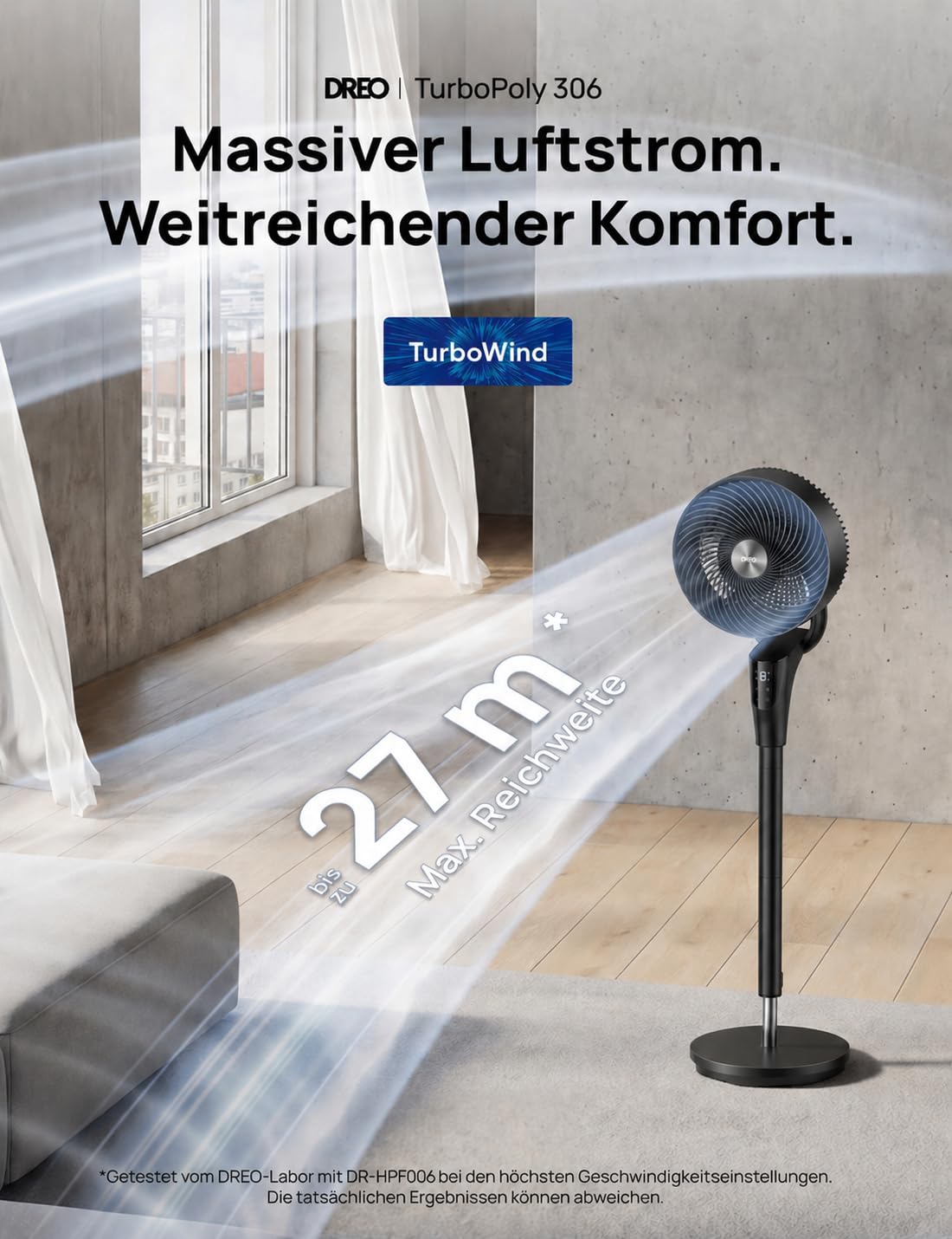 DREO Quiet Stand Fan for Bedroom [Improved], 27m Airflow, Quiet, 90° Oscillating, DC Motor, 8 Speeds, 3 Modes, 96-106cm Height Adjustable, 8H Timer, 105° Manual Tilt - DR-HPF013
