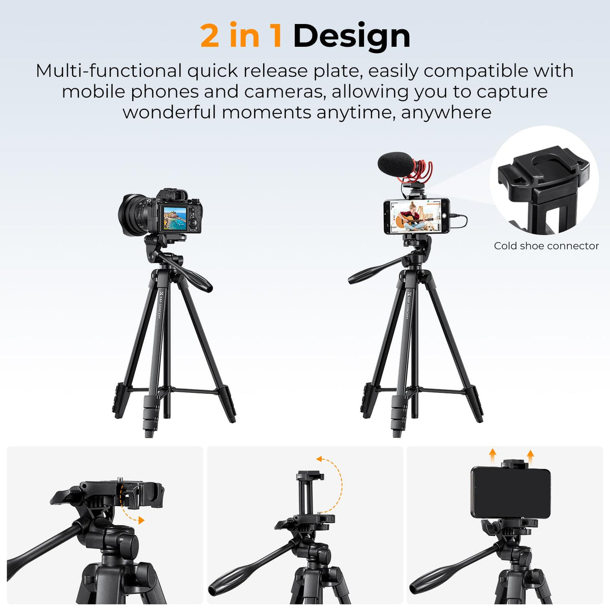 K&F CONCEPT Stativ din aluminiu de 152 cm, cu suport pentru smartphone - KF09.125