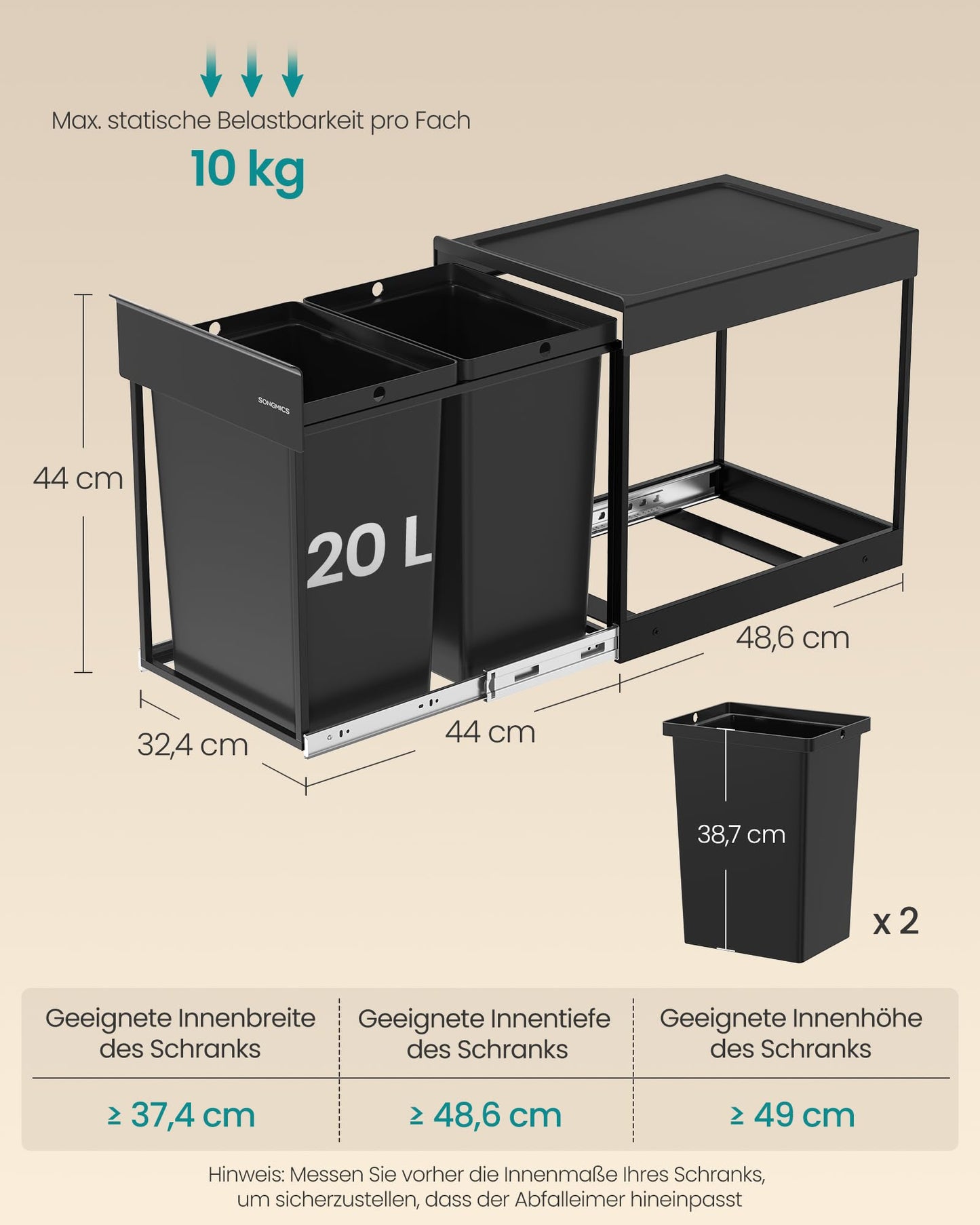 SONGMICS kitchen trash can, trash separation system for base cabinet, 2 x 20 L, trash can with 2 compartments, extendable, steel frame, ABS lid, ink black LTB951B01