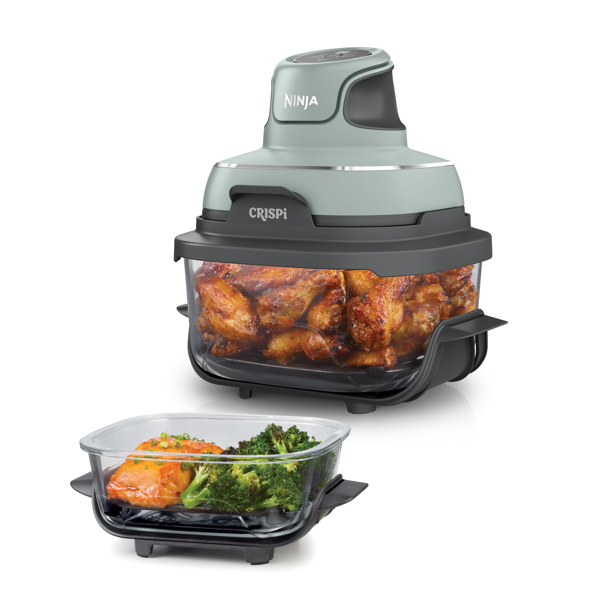 Ninja CRISPi Portable Air Fryer, 3.8L, 4-in-1: Air Frying, Roasting, Keeping Warm, Recrisp, Compact, 6 Servings, 2 Removable Glass Containers & Lids, 1700W, Sage FN101EUSG
