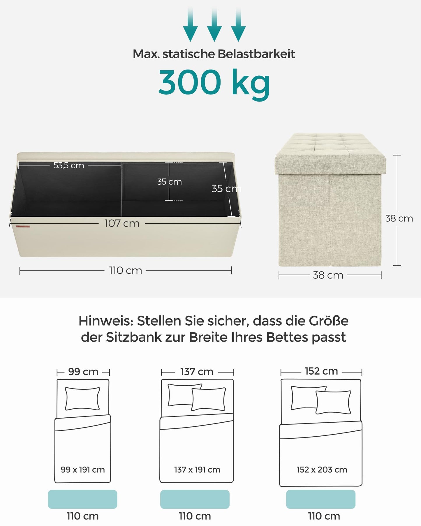 SONGMICS stool with storage space, folding bench, 38 x 110 x 38 cm footstool, storage box, loads up to 300 kg, for living room, bedroom, hallway, cream white LSF77BE