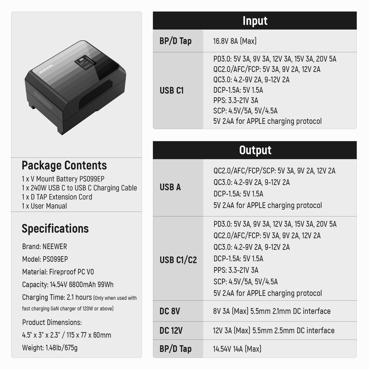NEEWER Mini V Mount Battery PS099EP, 6800mAh 99Wh 14.5V V Lock Battery with 100W PD Quick Charge, Dual USB C/D Tap/BP/USB A/Dual DC Ports/OLED Screen, Compatible with BMPCC 4k 6k Camcorder Camera