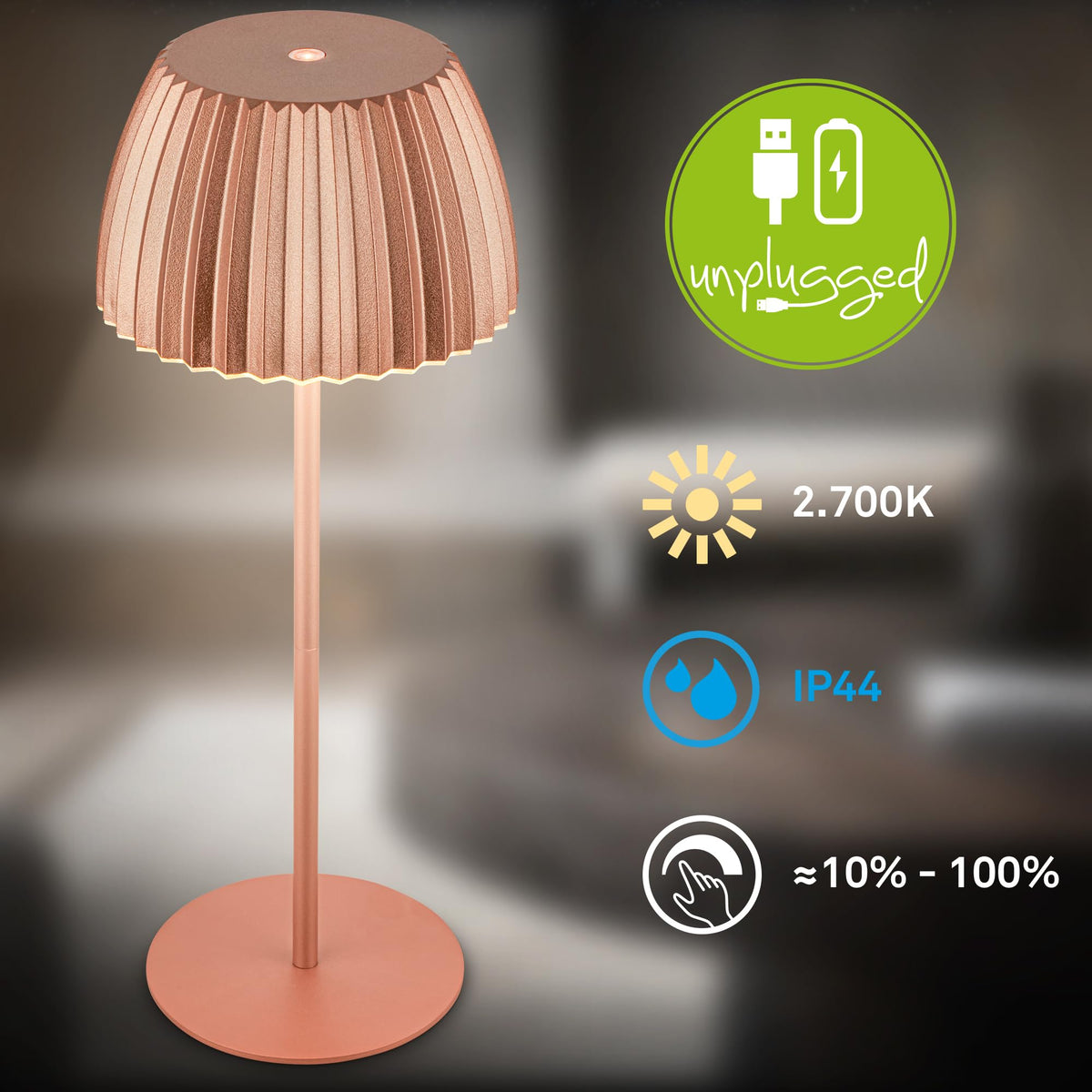 BRILONER - Riffle LED Table Lamp, wireless IP44 with light edge, touch dimmer, replaceable battery, bedside lamp, reading lamp, LED lamp, battery-operated lamp, German Design Award Winner, 14.5x36.5cm, copper color - 7553013