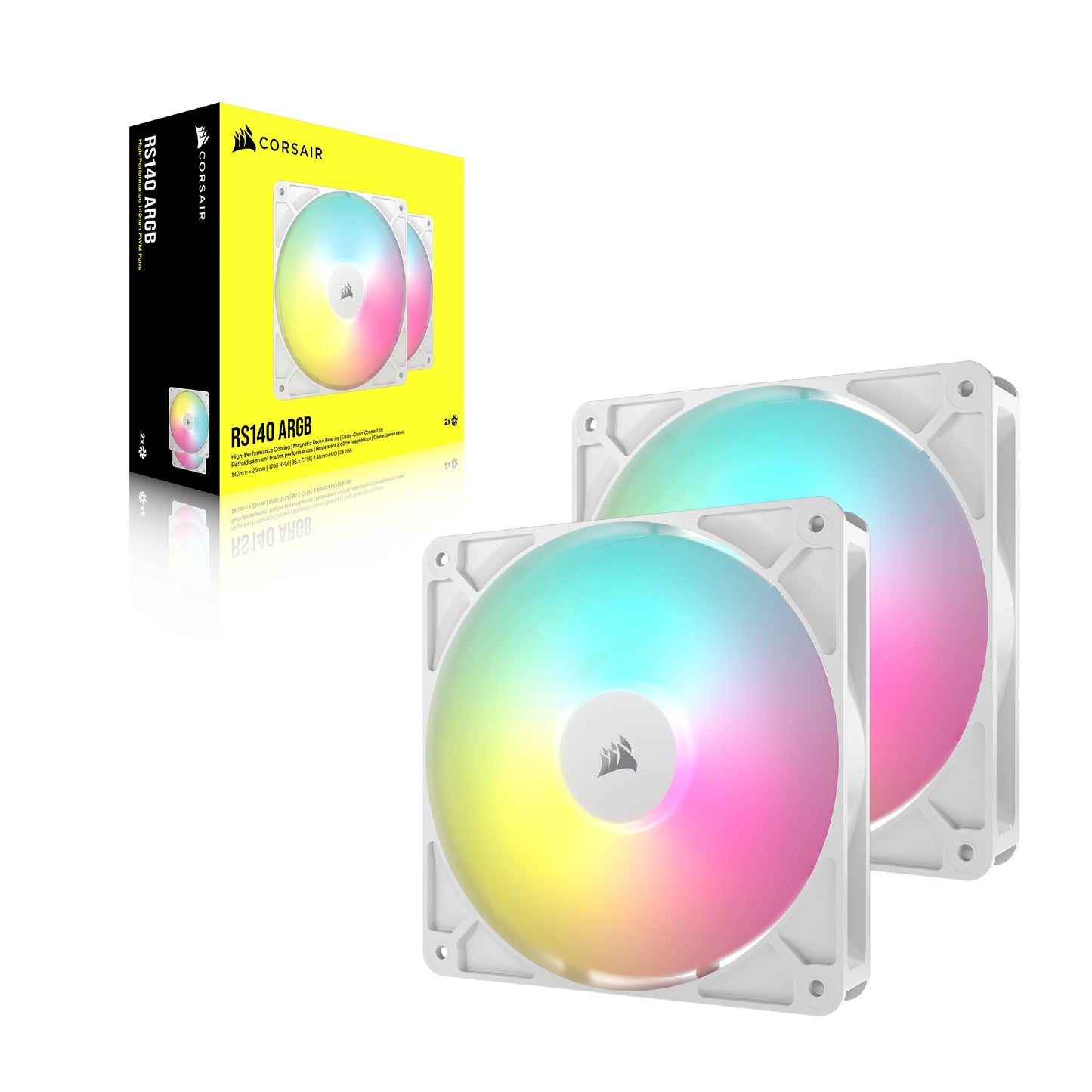 CORSAIR RS140 ARGB 140mm PWM Fan - Daisy Chain Connection - Low Noise - Magnetic Dome Bearing - Twin Pack - White - CO-9050187-WW