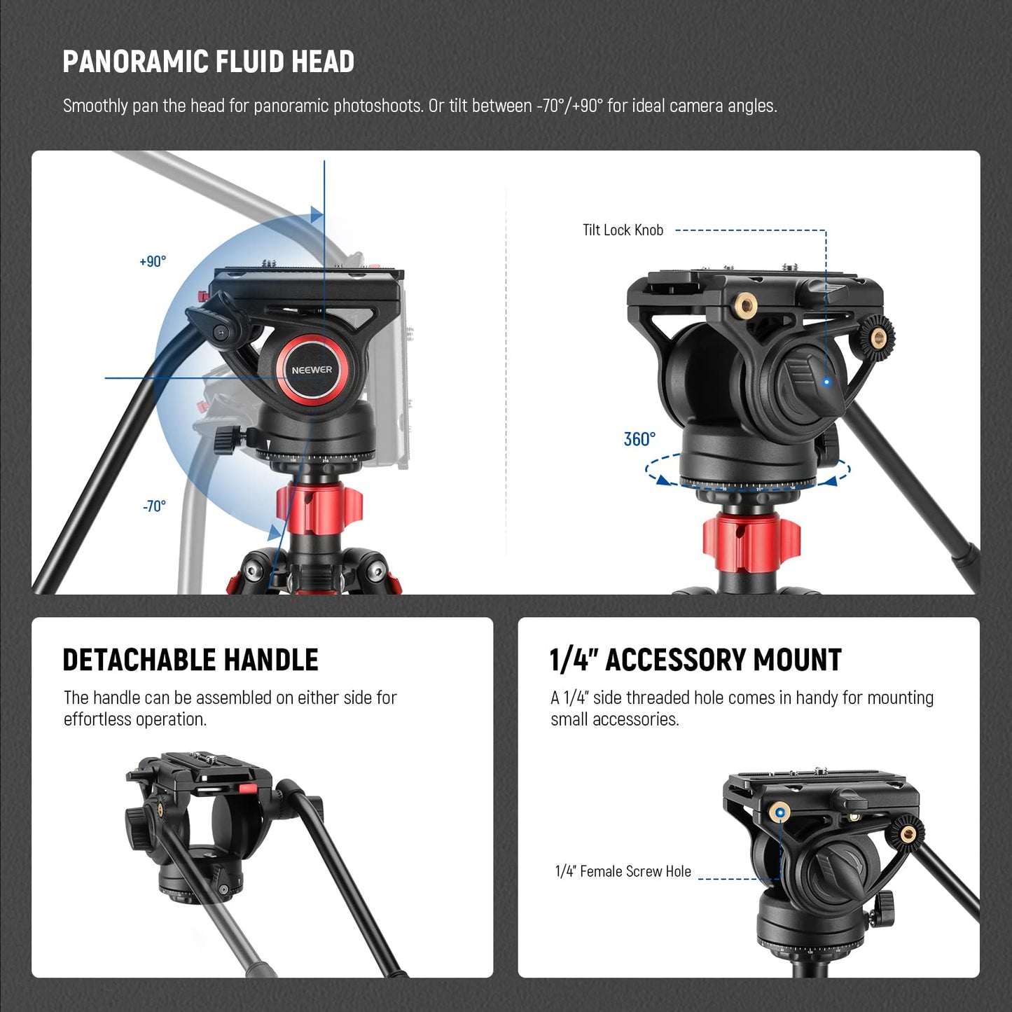 NEEWER 72" fluid head video monopod, quick release plate compatible with DJI RS Gimbal, 360° panning and +90°/-70° tilt for DSLR camera camcorder, maximum load 8kg, TP72A
