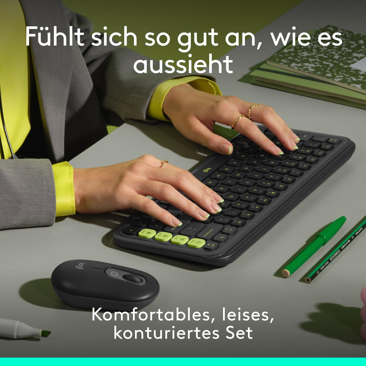 Logitech POP ICON Combo, Bluetooth keyboard and mouse set, comfortable typing, programmable buttons, quiet clicks, easy switch for up to 3 devices, QWERTZ DEU - graphite - 920-013106