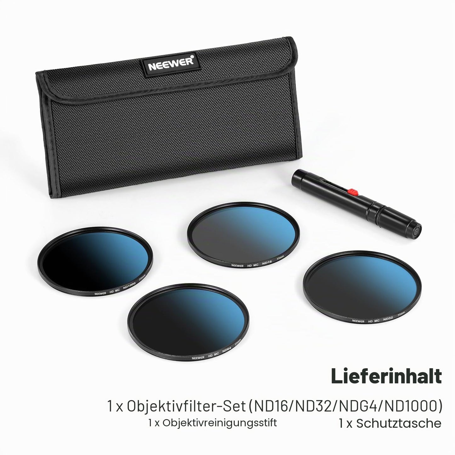 NEEWER 77mm ND filter set, ND16/ND32/ND64/ND1000, lens cleaning pen, filter bag, HD filter accessory set, compatible with Canon Nikon Sony camera lens - NW