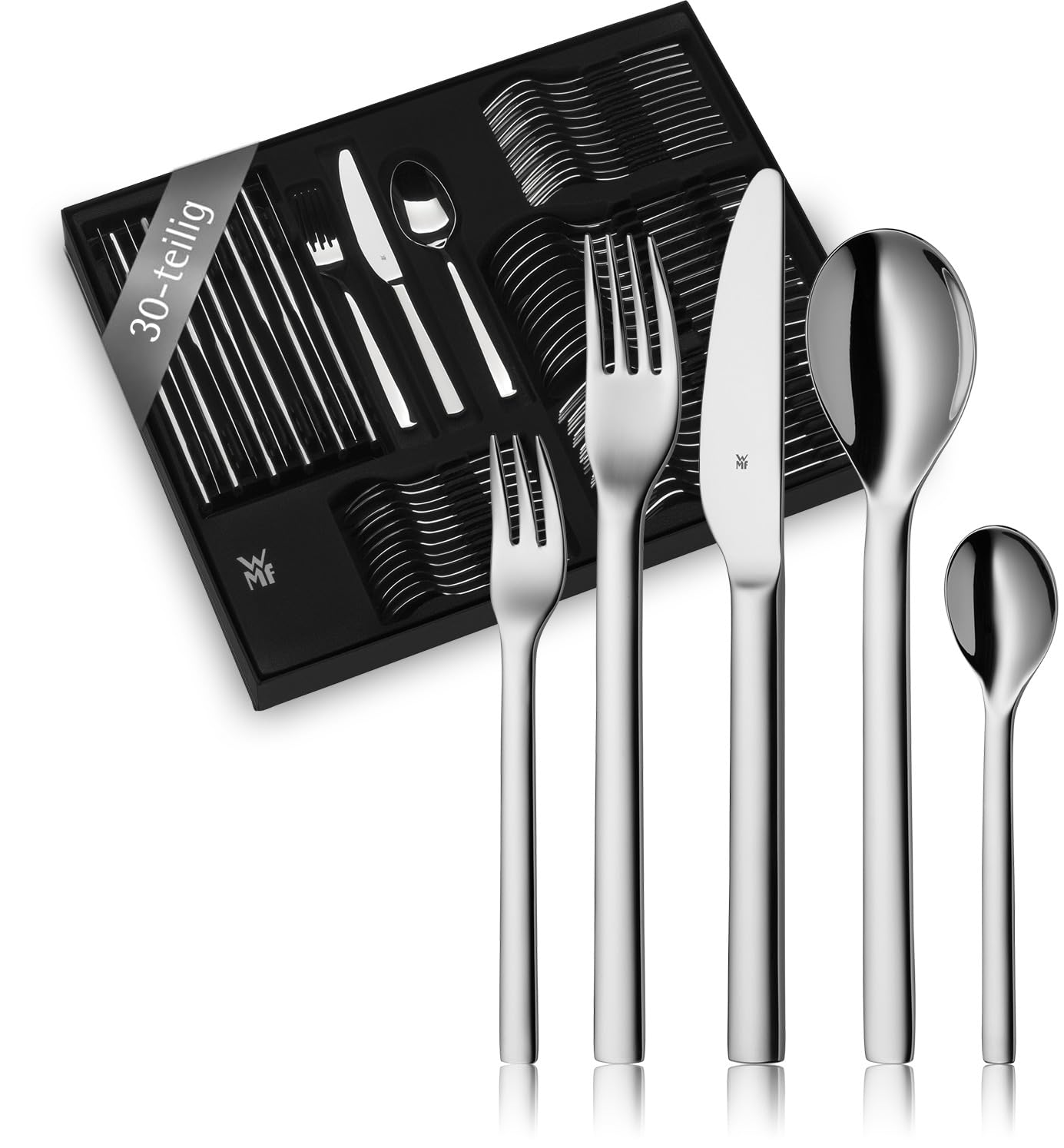 WMF Habitum stainless steel cutlery set for 6 people, cutlery set 30 pieces, monobloc knife, Cromargan stainless steel polished, shiny, dishwasher safe - 1186916040