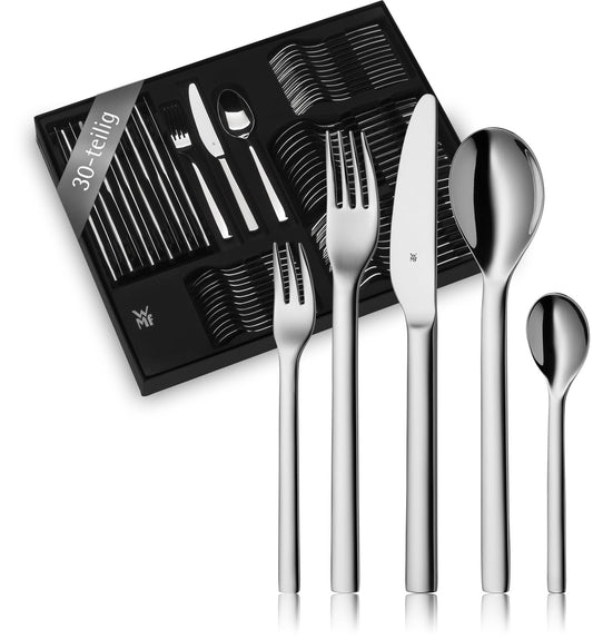 WMF Habitum stainless steel cutlery set for 6 people, cutlery set 30 pieces, monobloc knife, Cromargan stainless steel polished, shiny, dishwasher safe - 1186916040
