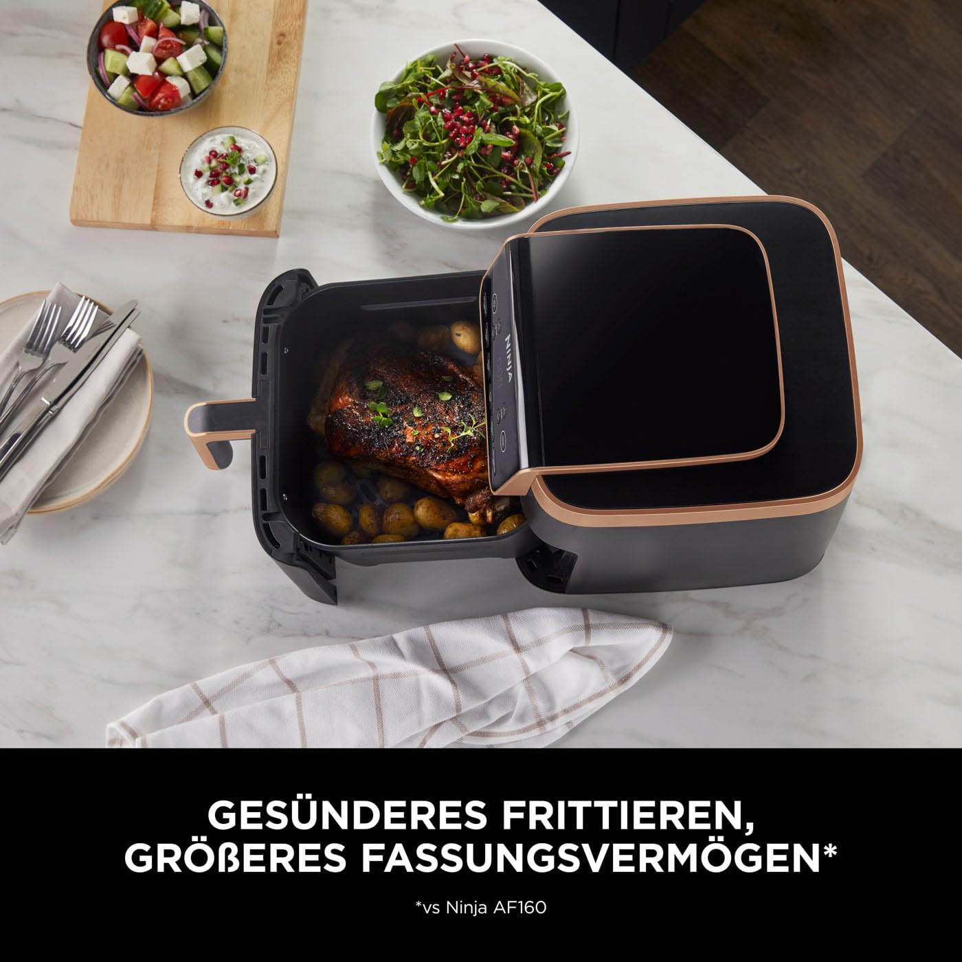 Ninja Air Fryer MAX PRO, 6.2L, Oil Free, Large Drawer, Roasting, Baking, Air Fry, Non-Stick, Dishwasher Safe Basket & Crisper Grid Insert, Silicone Tongs, Black/Copper, AF180EUCP
