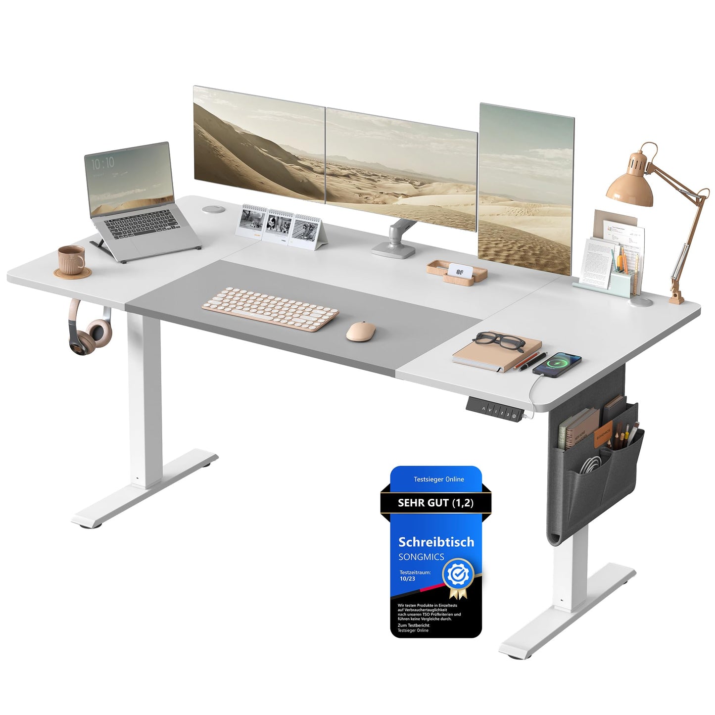 SONGMICS Electric height-adjustable desk, 160 x 70 cm, continuously adjustable, memory function with 4 heights, cloud white-dove gray LSD026W02