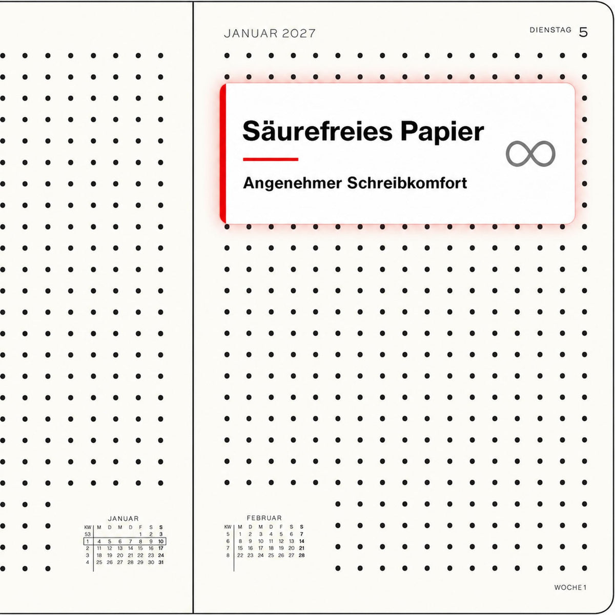 LEUCHTTURM1917 Calendar zilnic 2027 punctat mediu (A5) - germană, floarea soarelui, 145 x 210 mm, ianuarie-decembrie (12 luni), 1 pagină pe zi, grilă orară 7:00-22:00, copertă cartonată, hârtie de 80 g/m² - 400168
