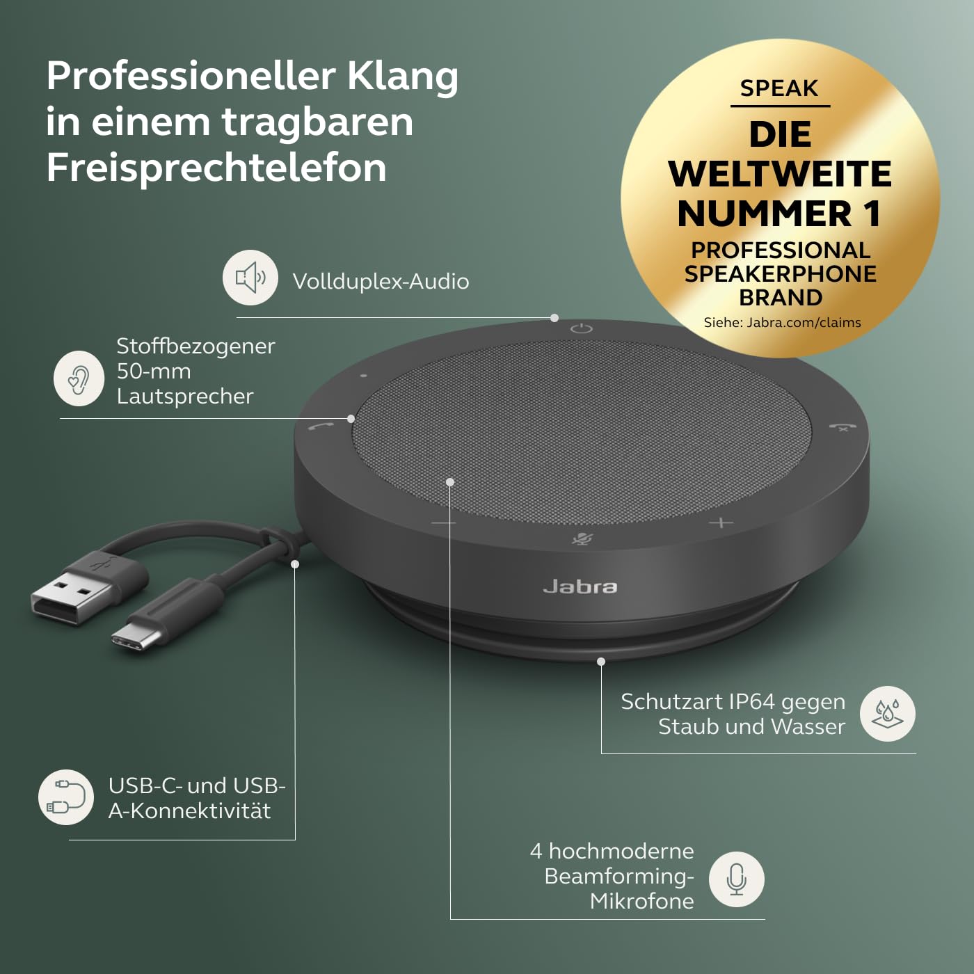 Jabra Speak2 40 Portable Speakerphone, 4 Noise Canceling Microphones, 50mm Full Range Speaker, with USB-A and USB-C, for Zoom and Google Meet Certified, Dark Gray - 2740-209