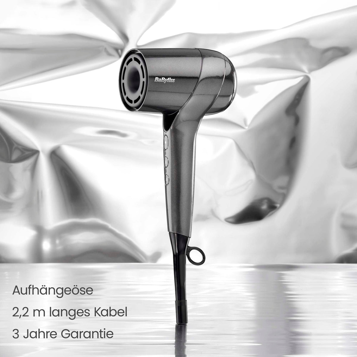 BaByliss Titanium Shine 1600W Uscător de păr cu difuzor – Uscător de păr puternic și compact, design ergonomic, tehnologie cu ioni împotriva frizz-ului, 3 niveluri de căldură și 3 viteze ale aerului, argintiu, D6200DE
