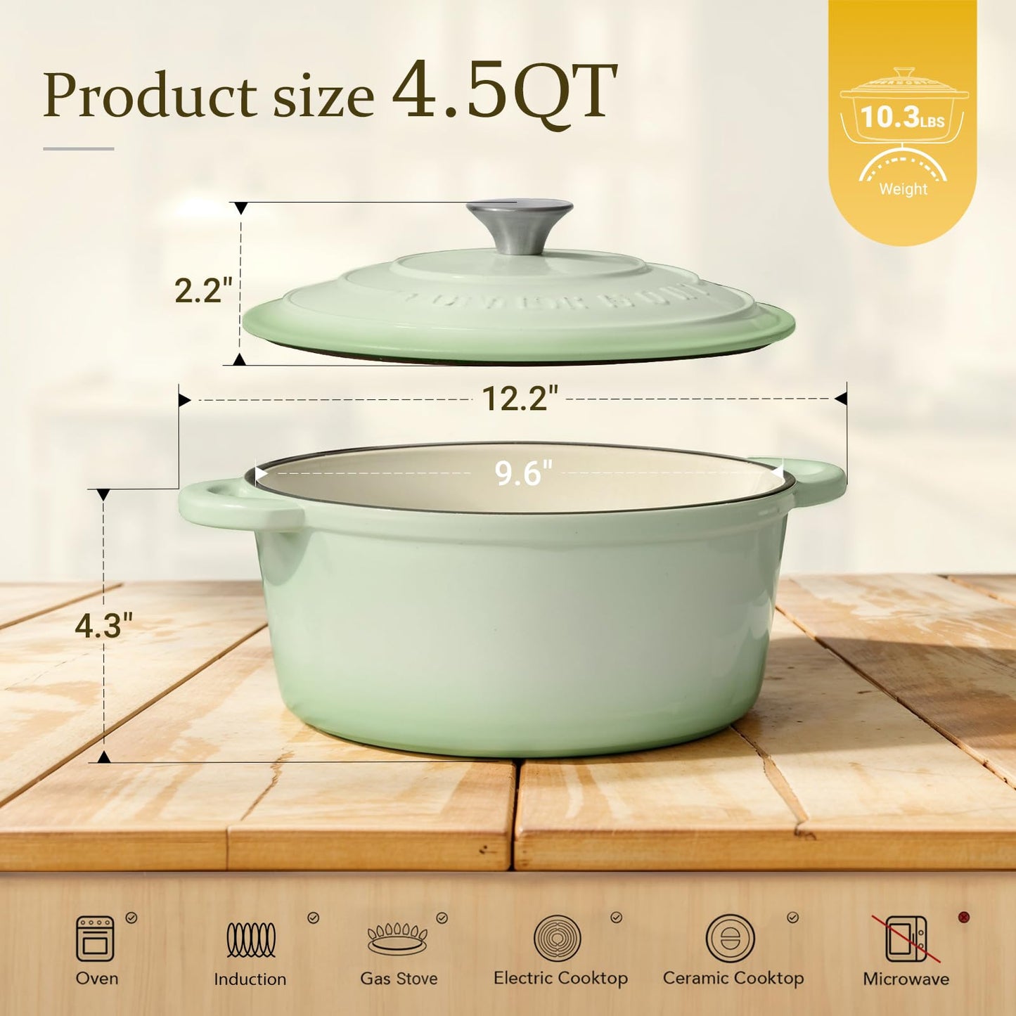 Overmont roasting pan enamel cast iron pot - casserole dish 24cm oven-safe - with lid and cookbook - for kitchen baking stewing roasting pastel green - 24CM-Enamel-Bean