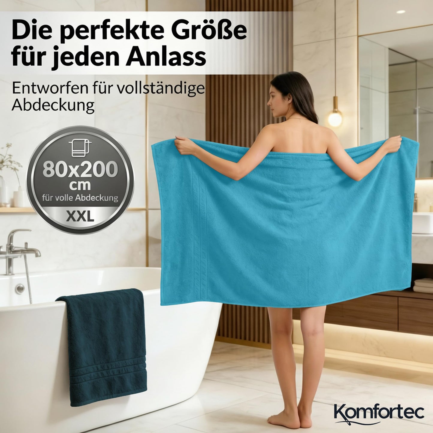 Komfortec 2 sauna towel set 80x200 cm, large sauna towels made of 100% cotton, sauna towels, fluffy and absorbent, quick-drying, petrol/turquoise - 2er-80x200-petrol-turkis