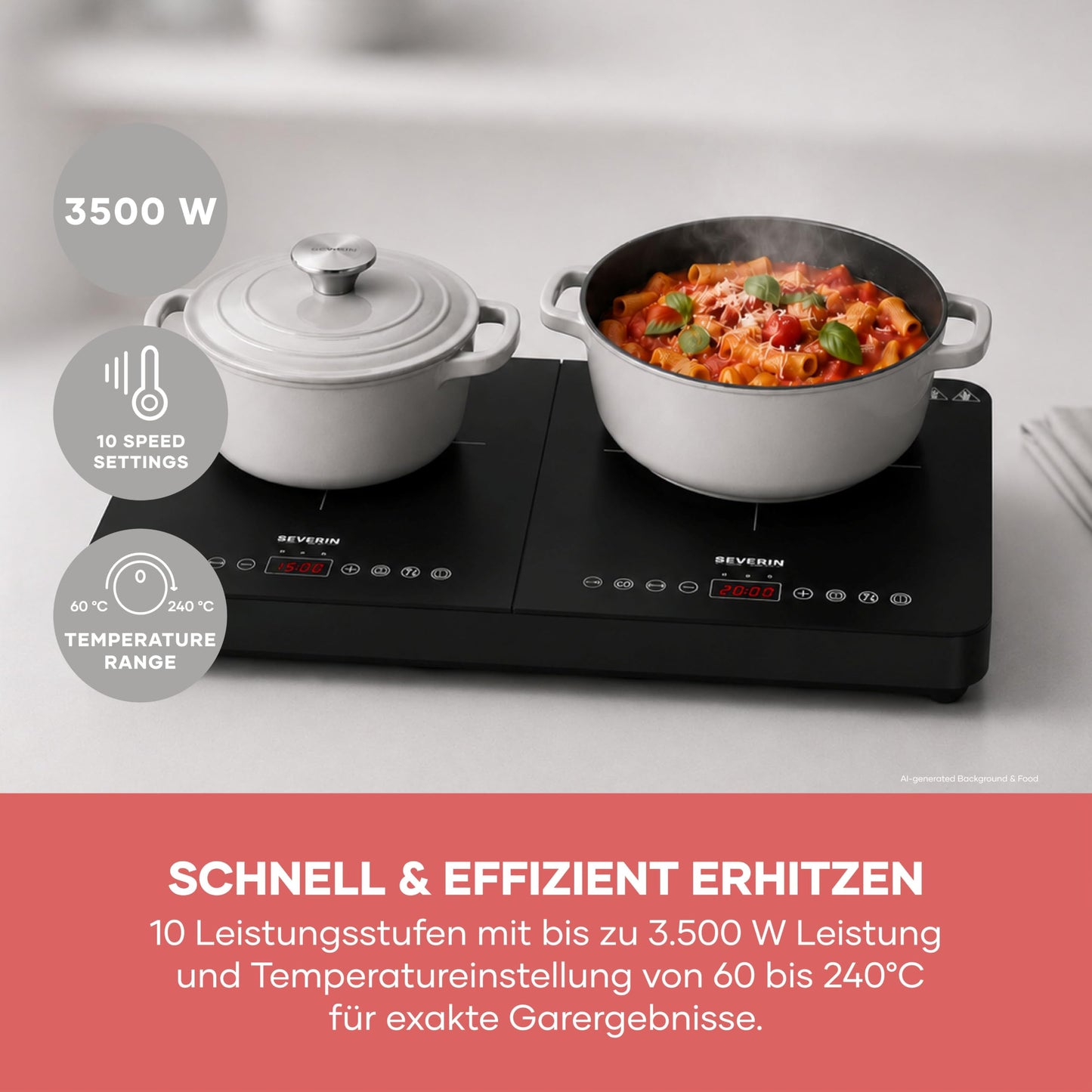 Severin induction hob, 2 plates, 10 power levels, temperature range 60-240°C, touch display, matt hotplates, less prone to scratches, glass ceramic hobs, black, 3,400 W, DK 1028