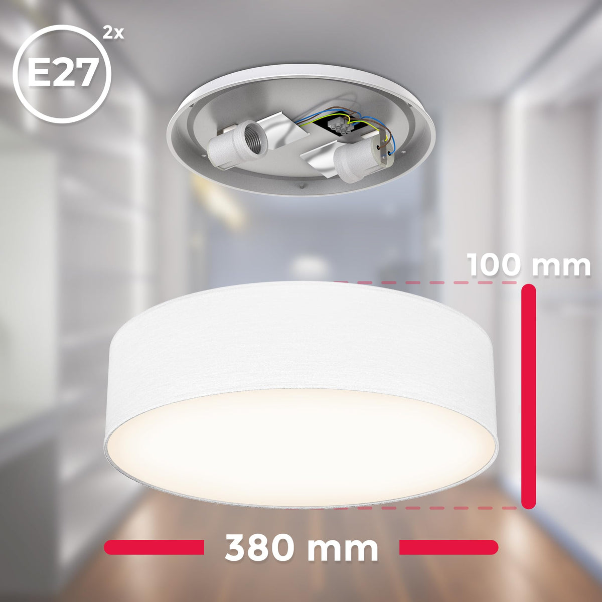 B.K.Licht - Ceiling lamp with fabric lampshade, E27 socket, max. 40 watts, ceiling light, lamp, living room lamp, bedroom lamp, kitchen lamp, ceiling lighting, 38x10 cm, white - BKL1218