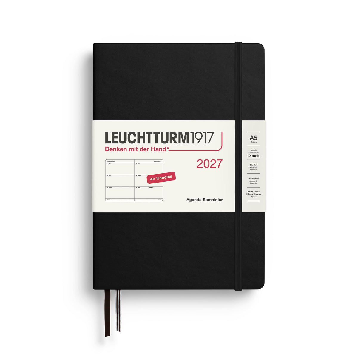 LEUCHTTURM1917 Calendar săptămânal 2027 Mediu (A5) - Franceză, Negru, Hardcover, 12 luni - ianuarie-decembrie 2027, 1 săptămână pe pagină dublă cu compatibilitate ridicată cu cerneală - 400402