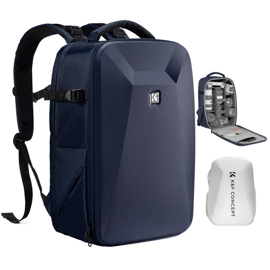 K&F CONCEPT camera backpack photo backpack with hard shell camera bag with 15.6 inch laptop compartment and rain cover, backpack for drones, deep blue - KF13.134V7