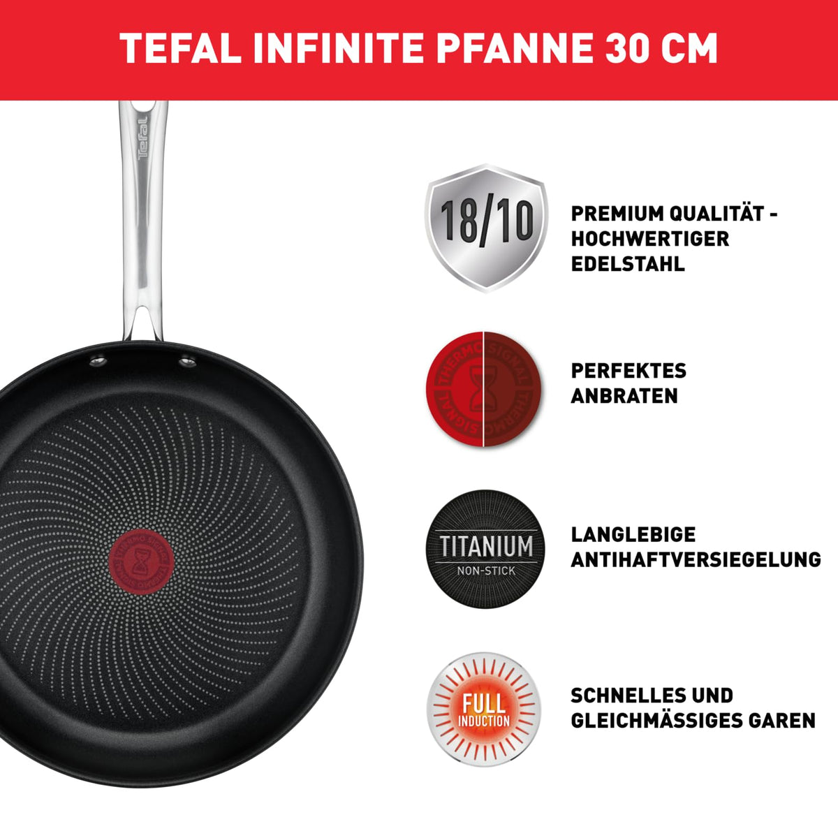 Tefal Infinite Induction Frying Pan 30 cm, frying pan with non-stick coating, Thermo-Signal for ideal frying temperature, easy to clean, suitable for all types of cooktops, premium stainless steel, H81507 - H8150725