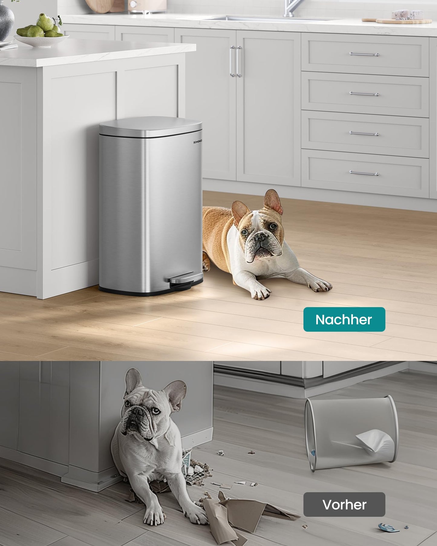 SONGMICS kitchen rubbish bin, 50 liters, waste bin, pedal bin, with lid, soft close, foot pedal, steel, inner bin, silver LTB050E01