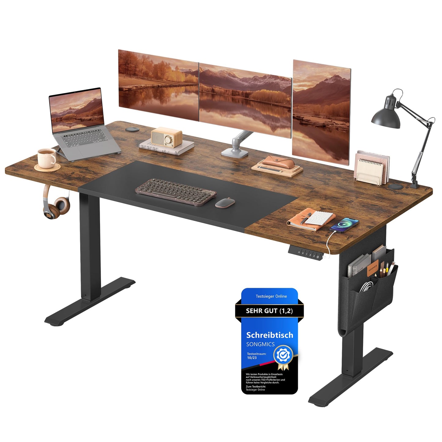 SONGMICS Electric height-adjustable desk, 160 x 70 cm, infinitely adjustable, memory function with 4 heights, vintage brown-matt black LSD026X01