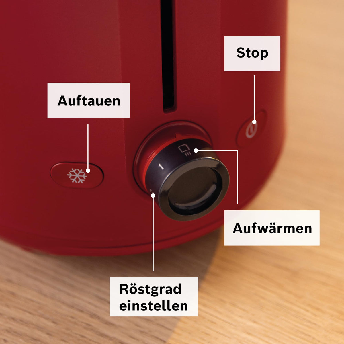 Bosch Compact Toaster MyMoment TAT2M124, integrated bun warmer, with defrost function, automatic shut-off, lift function, bread centering, perfect for 2 slices, 800 Watts, Matte Red