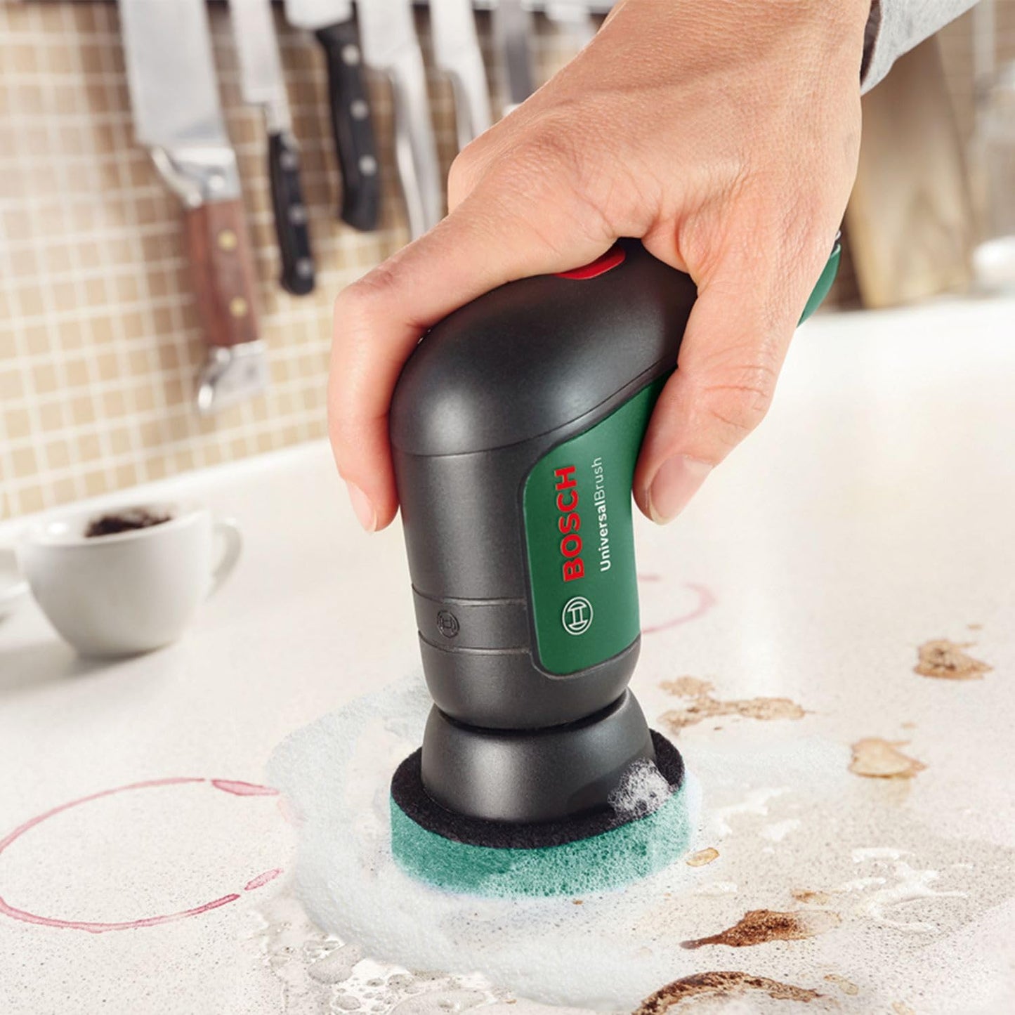 Bosch UniversalBrush electric cleaning brush set (for bathroom tiles, kitchen stoves, pans, pots and more; 10 cleaning attachments included; 3.6 V integrated battery; micro USB cable; in bag) - 06033E0002