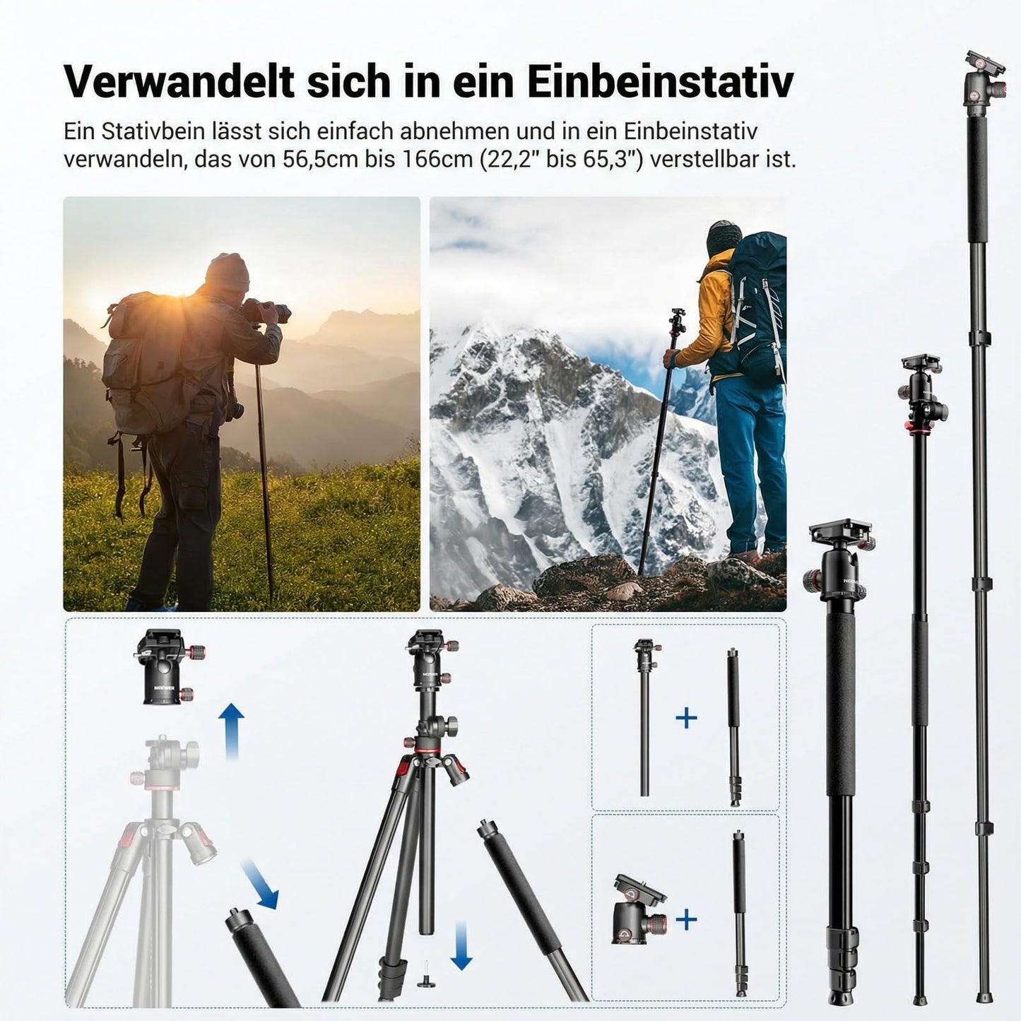 NEEWER 90 inch high horizontal camera tripod monopod with ball head, metal DSLR video travel tripod, Arca type quick release plate and inverted legs, maximum load 10kg/22lbs, TP63