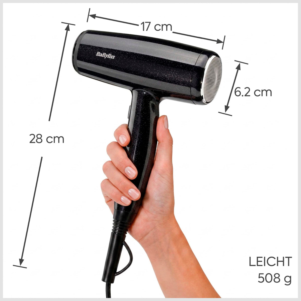 BaByliss Midnight Shine Lightweight Hair Dryer with Diffuser – 2100W Powerful, Elegant Hair Dryer, Ion Technology against Frizz, 3 Heat & 2 Speed Settings, D590DE