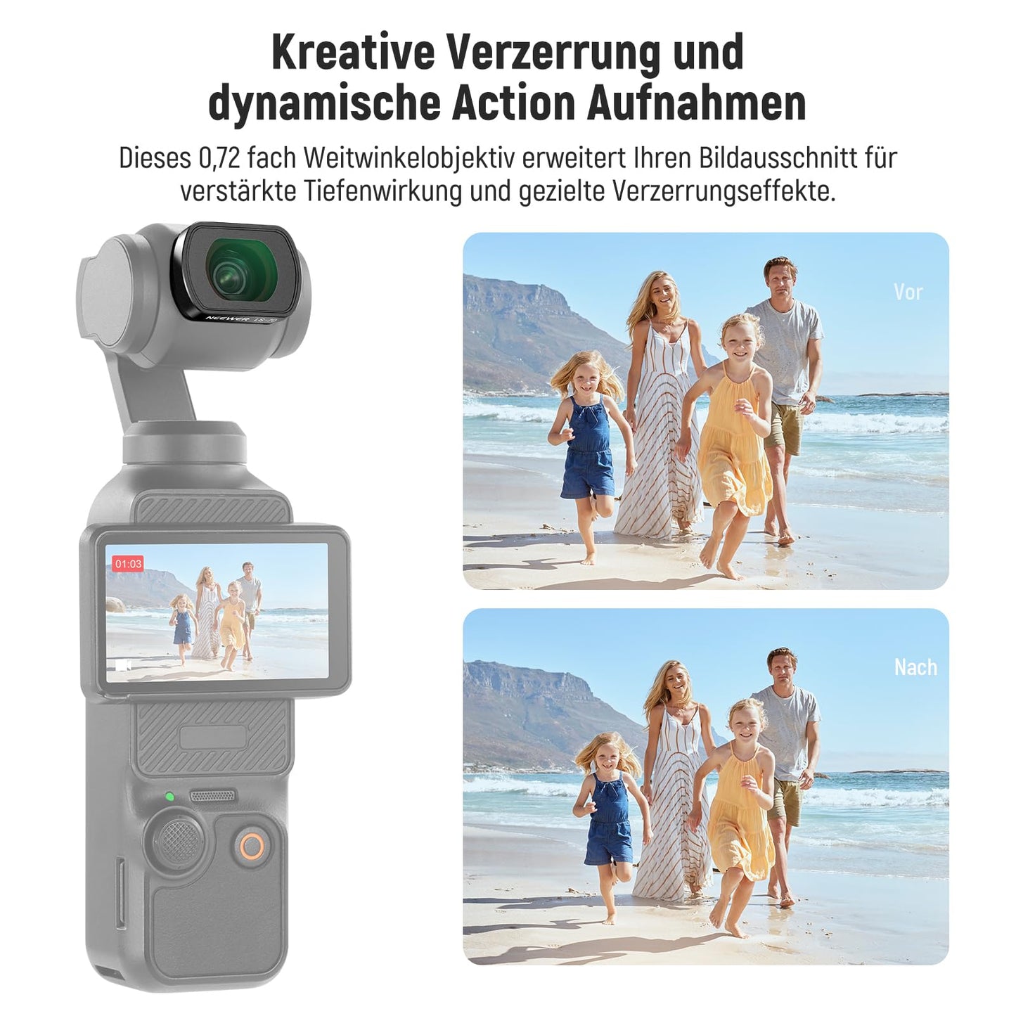 NEEWER 0.72x Wide Angle Lens, 112° Field of View, Compatible with DJI Osmo Pocket 3 / Pocket 4 / Xtra Muse, Magnetic Action Camera with Aspherical Lens and Screen Protector, LS-70