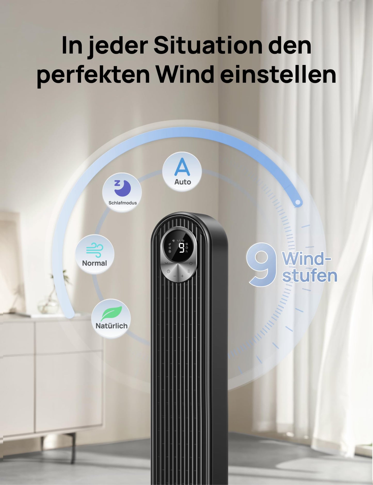 DREO DC Motor Tower Fan Quiet, 11M Wind Distance Fan with Cooling Remote Control, 9 Levels 4 Modes, 90° Oscillating Stand Fans for Bedroom, Tower Fan with 12H Timer - DR-HTF001