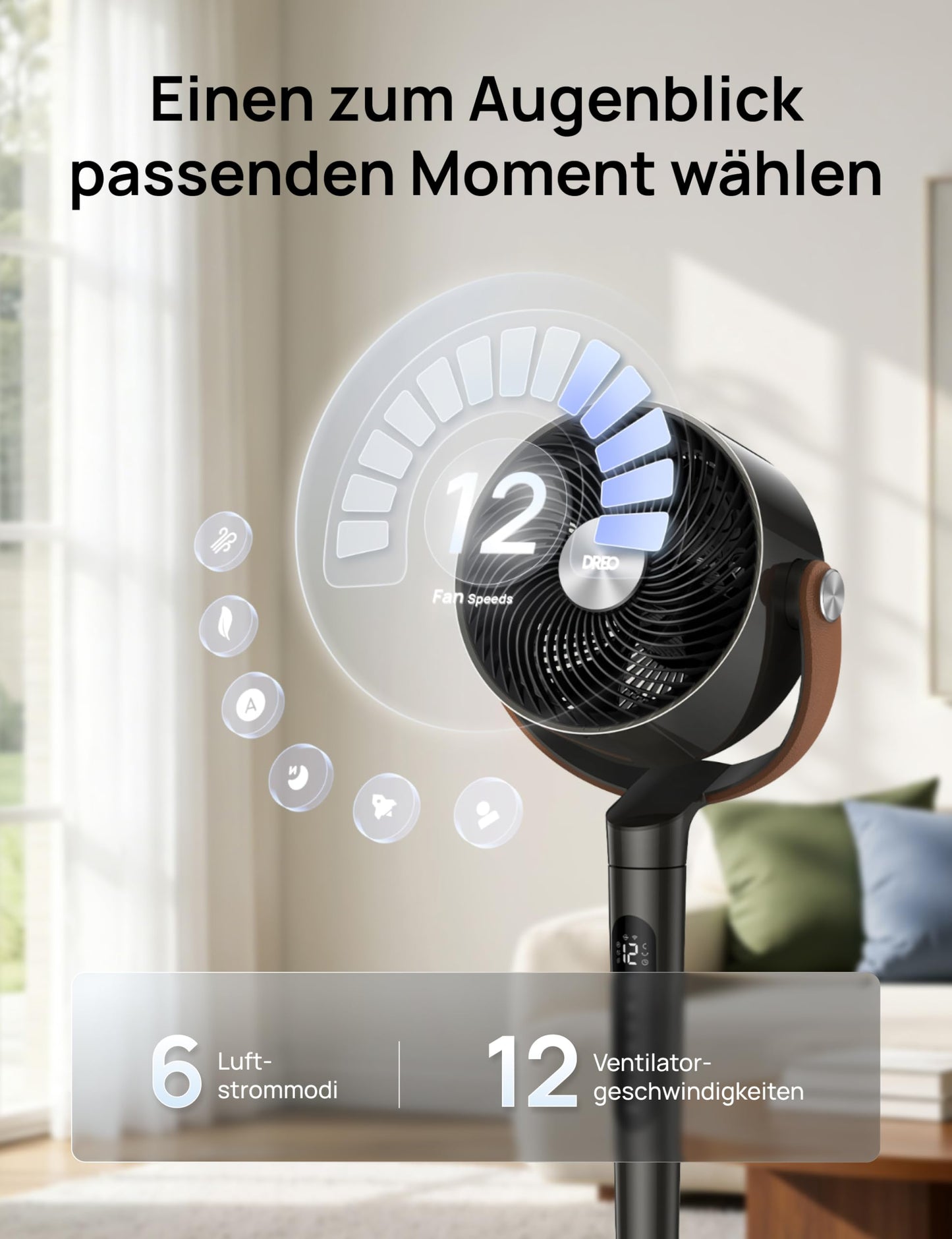 DREO 20dB quiet smart pedestal fan for bedrooms with RGB LED, 150°+120° oscillation, 30m air circulation fan and 2209m³/h air volume, 12 speeds, 6 modes, 94-107cm height, WiFi & Alexa - DR-HAF003S