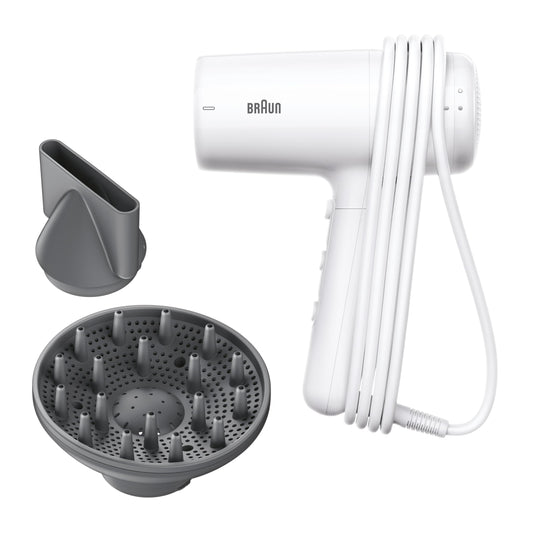 Braun Hair Dryer HD2.21 – Lightweight hair dryer with diffuser and styling nozzle for all hair types, IONTEC technology, 2200 W, 3 temperature settings and 2 speed settings, White, BRHD226E - BRHD226SDE