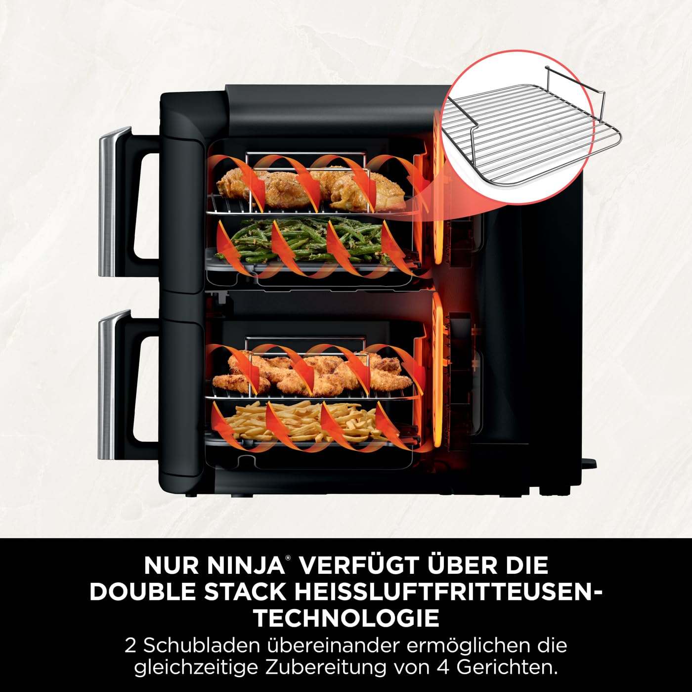 Ninja Double Stack Hot Air Fryer, 7.6L Digital Air Fryer Double Basket with 4 Cooking Levels, 2 Drawers, 2 Racks, Space Saving Design, 6 Cooking Functions, 6 Servings, Black SL300EU - SL300UK