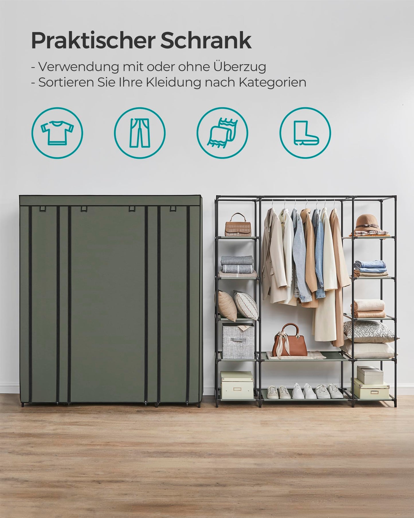 SONGMICS wardrobe, fabric wardrobe, with non-woven fabric cover, folding wardrobe with clothes rail, 45 x 150 x 175 cm, 12 shelves, metal frame, wardrobe for bedroom, sage green LSF003C02
