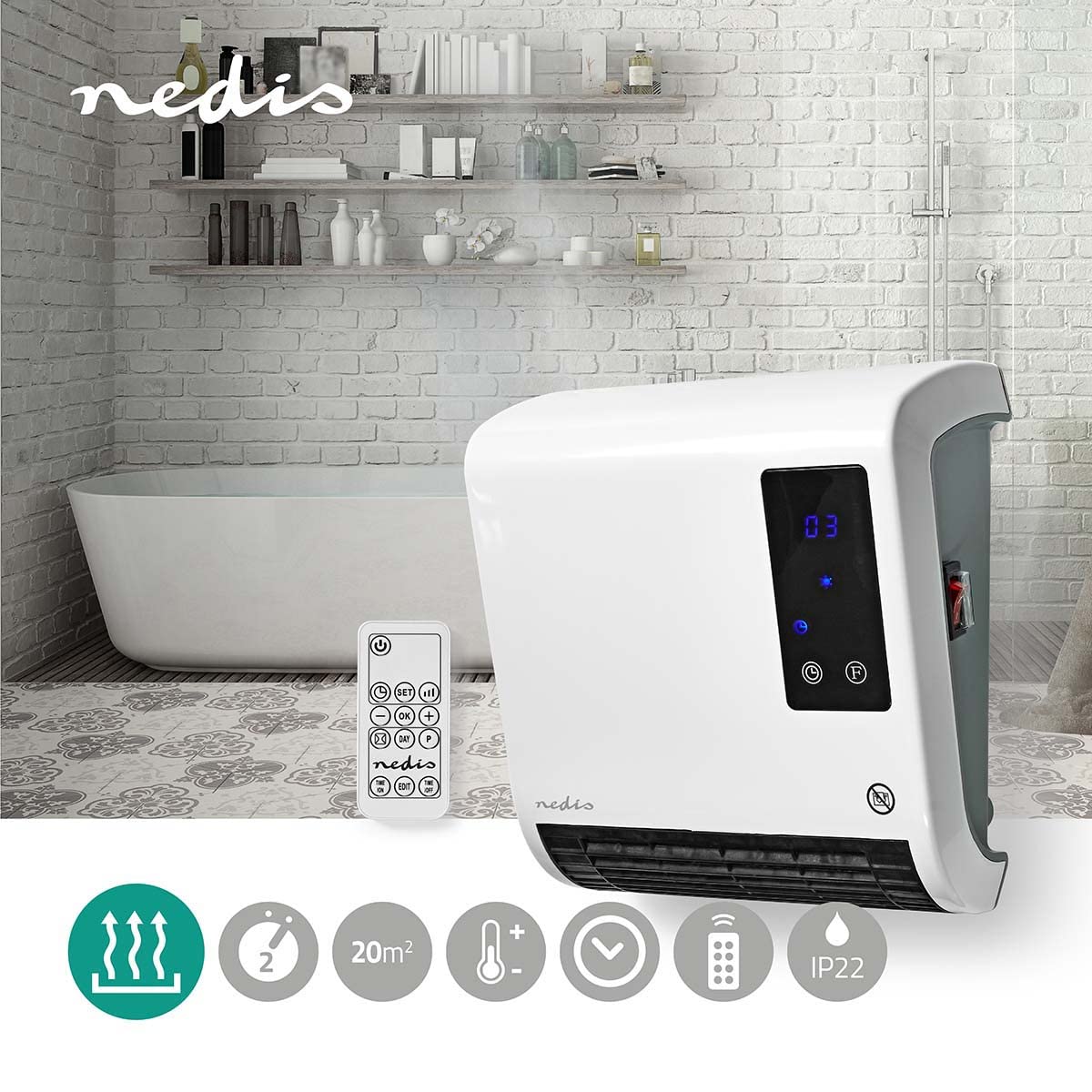 Nedis Încălzire pe perete Electric, Convector de perete, Ventilator de încălzire pe perete - 2000 W - alb - P10031210