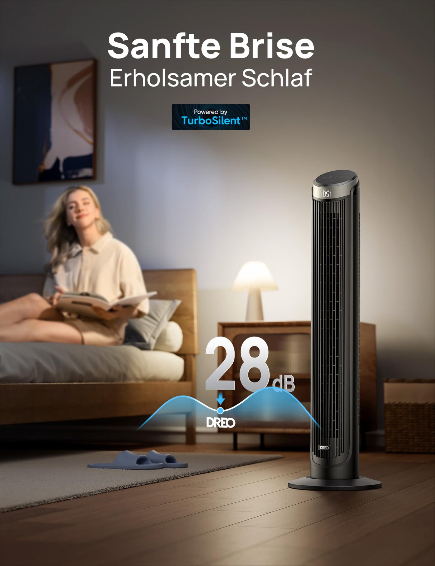 DREO Smart Tower Fan  7.9 m/s Speed, 5 Levels, 4 Modes, Touch/Remote Control/App & Voice Control, Alexa, 12H Timer, Silver - DR-HTF008S