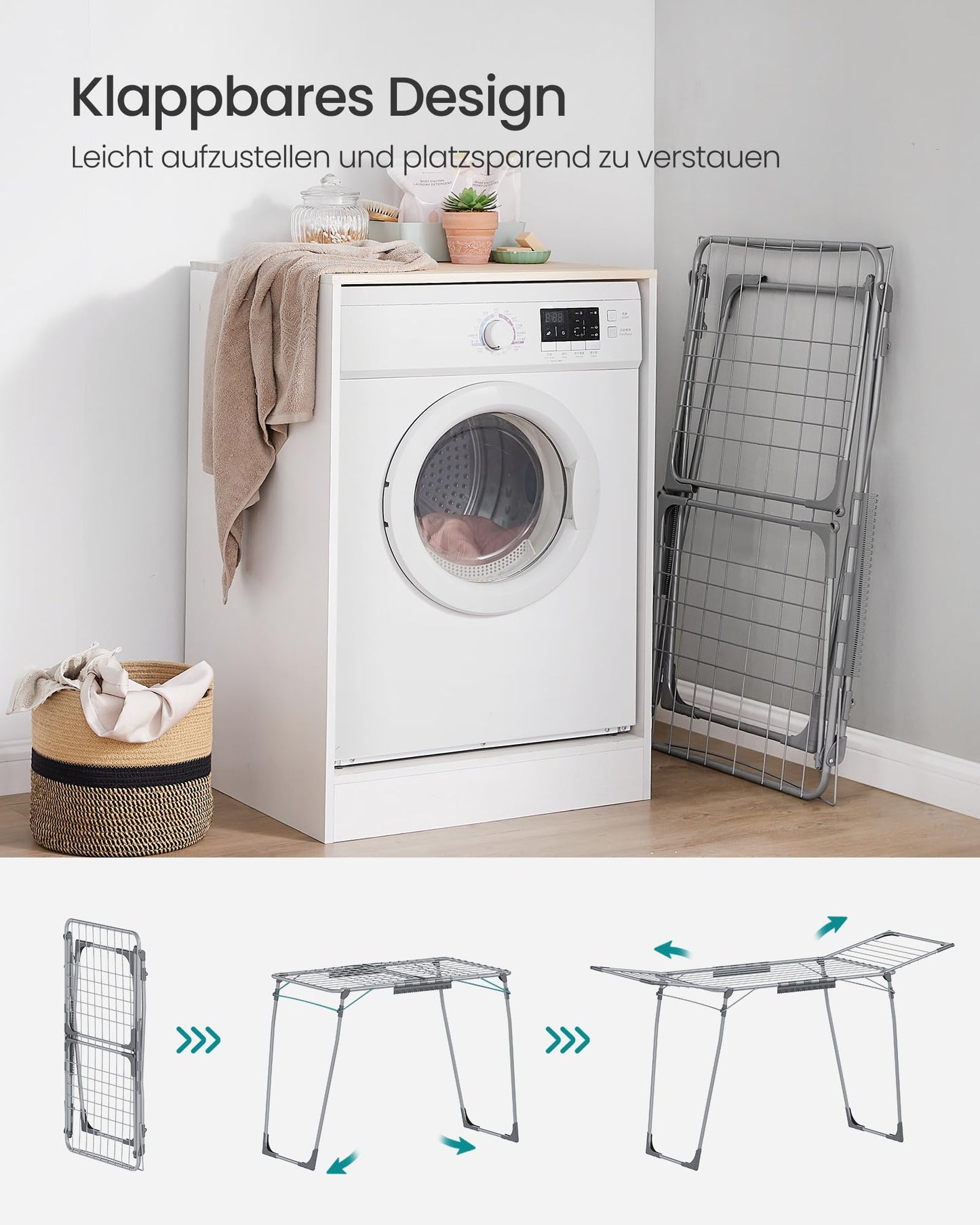SONGMICS clothes airer, stand dryer 52.5 x 173 x 96.5 cm, wing clothes airer, wing clothes dryer, space-saving, with sock holder, metal, for clothes, towels, laundry, gray LLR518G01