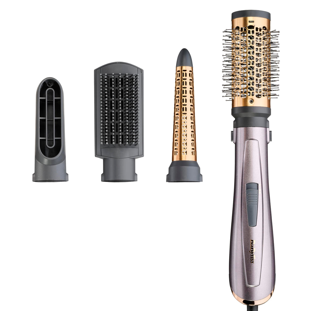 BaByliss Air Style 1000 – All-in-One Hot Air Brush, Volumizer, Straightening Brush, and Curling Iron, Ion Technology for Anti-Frizz, 4 Attachments, Copper/Grey, AS136E